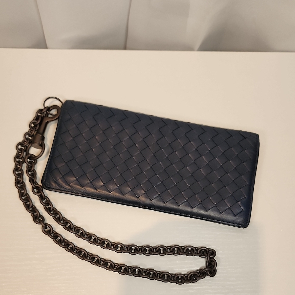 Bottega Veneta Navy Blue Woven Wallet with Chain